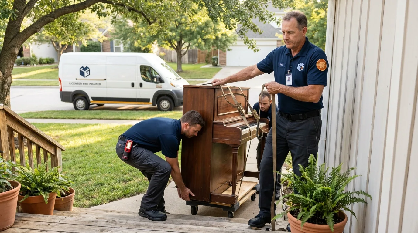 Licensed piano movers securing grand piano in Munford, AL