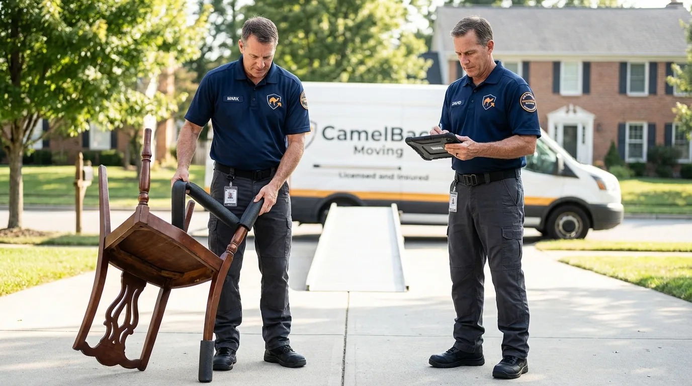 Movers inspecting furniture for damage prevention before loading in Munford, AL