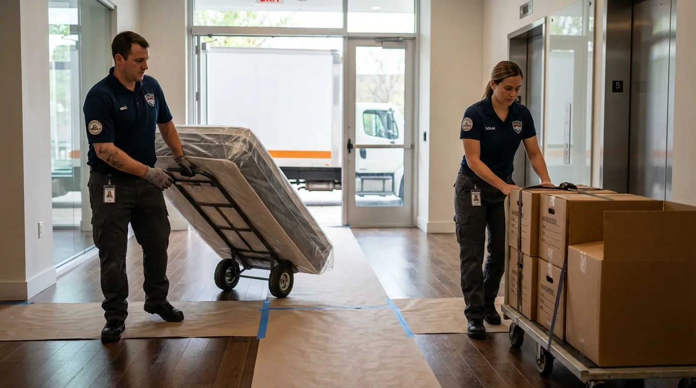 Professional apartment movers loading elevator in Munford, AL